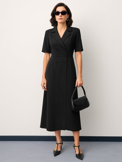 Women's Black Notch Collar Button Midi Dress