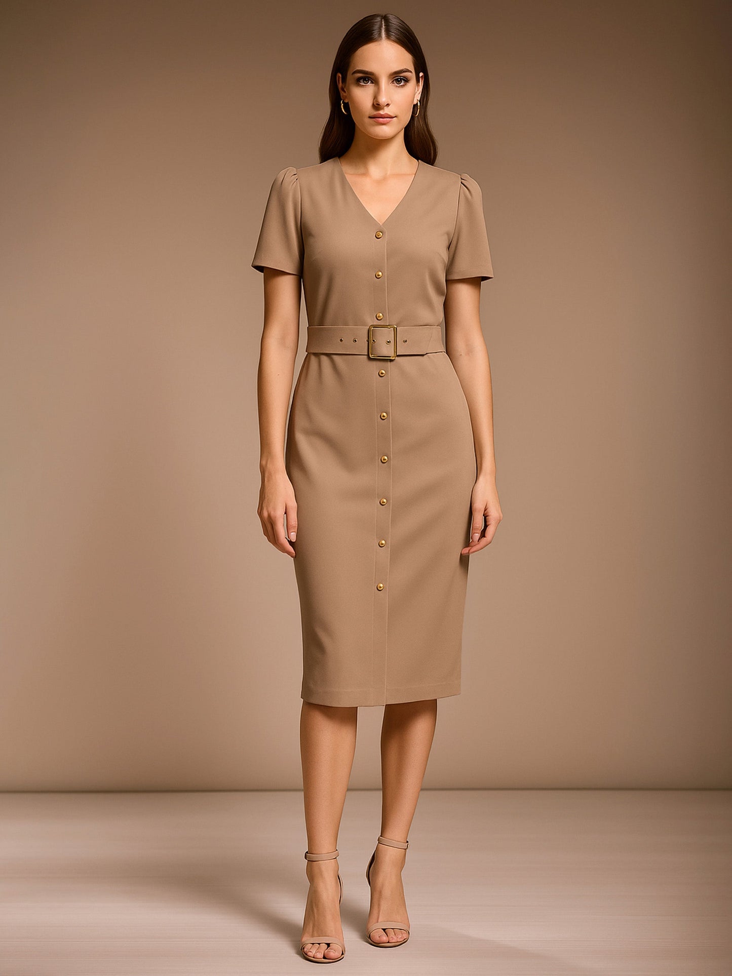 Women's Beige V Neck Button Belt Midi dress