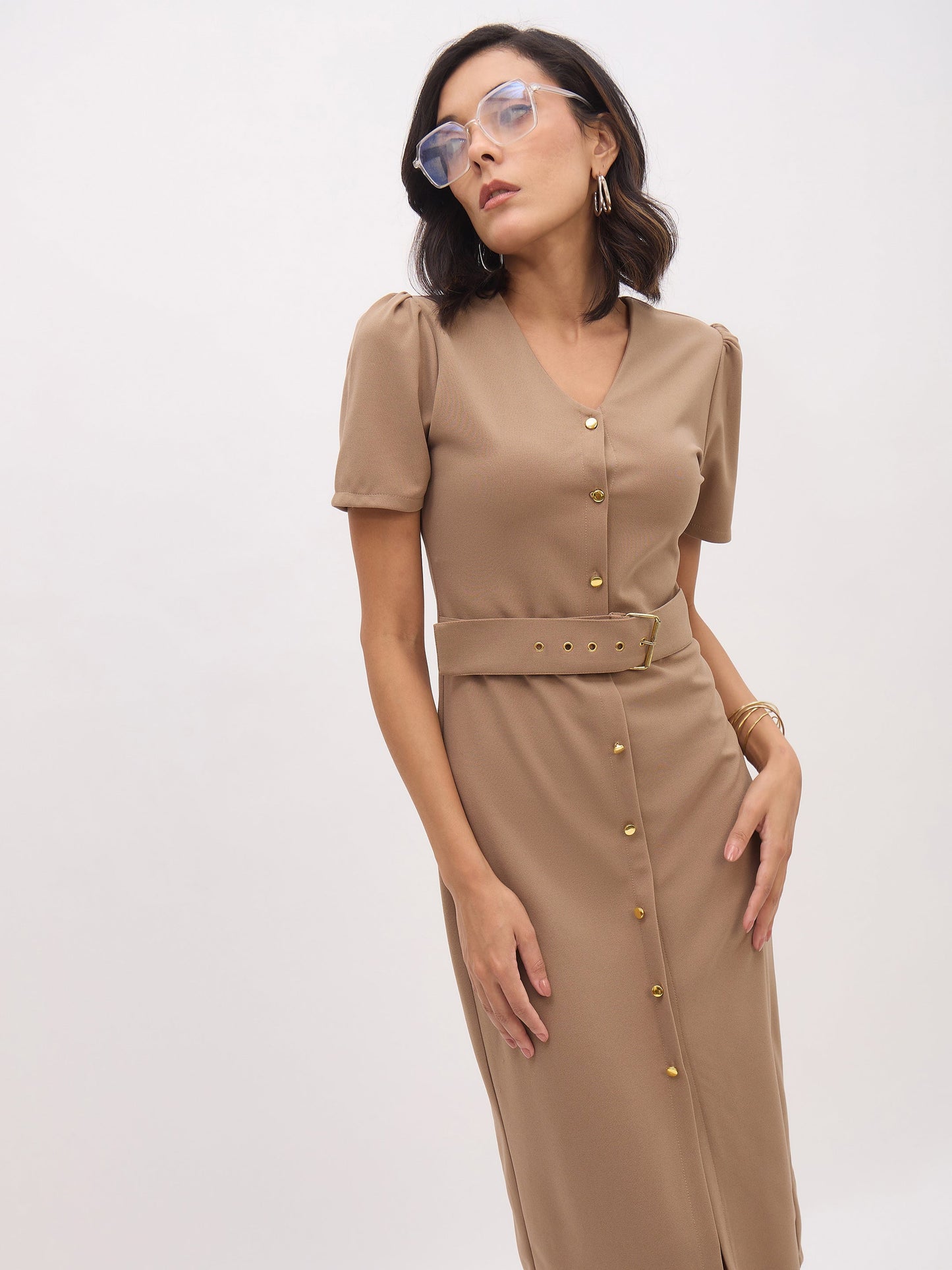 Women's Beige V Neck Button Belt Midi dress