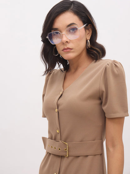 Women's Beige V Neck Button Belt Midi dress