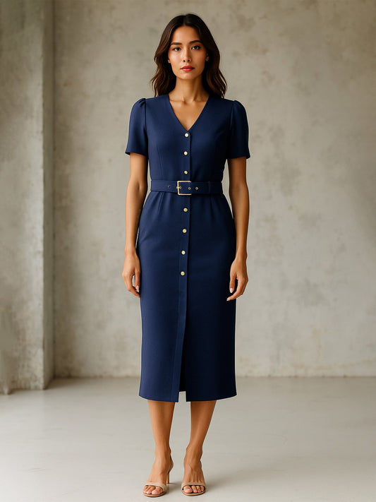 Women's Blue V Neck Button Belt Midi dress