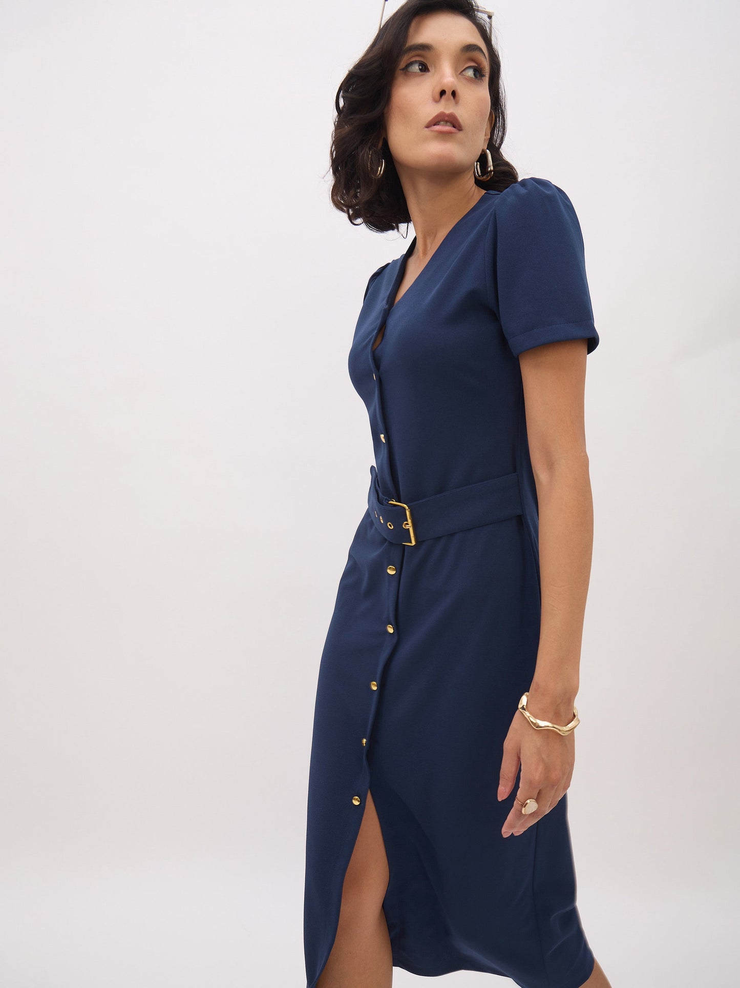 Women's Blue V Neck Button Belt Midi dress