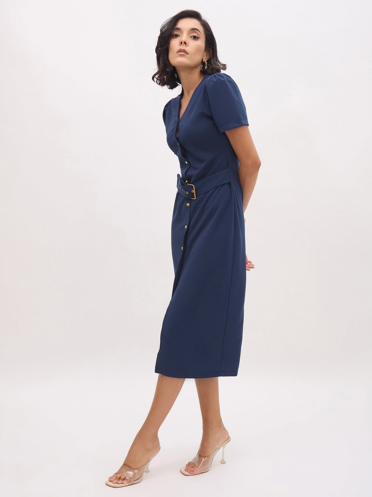 Women's Blue V Neck Button Belt Midi dress