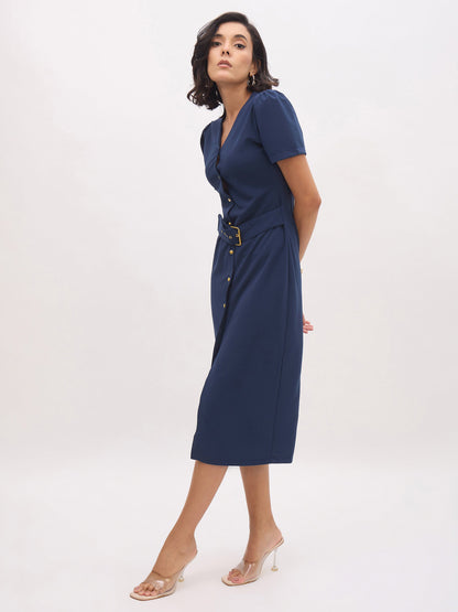 Women's Blue V Neck Button Belt Midi dress