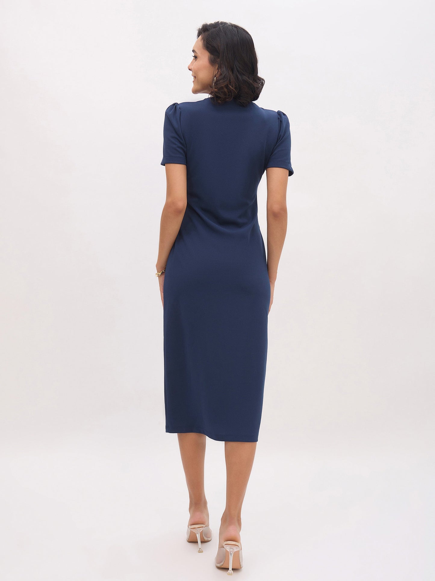 Women's Blue V Neck Button Belt Midi dress