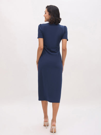 Women's Blue V Neck Button Belt Midi dress
