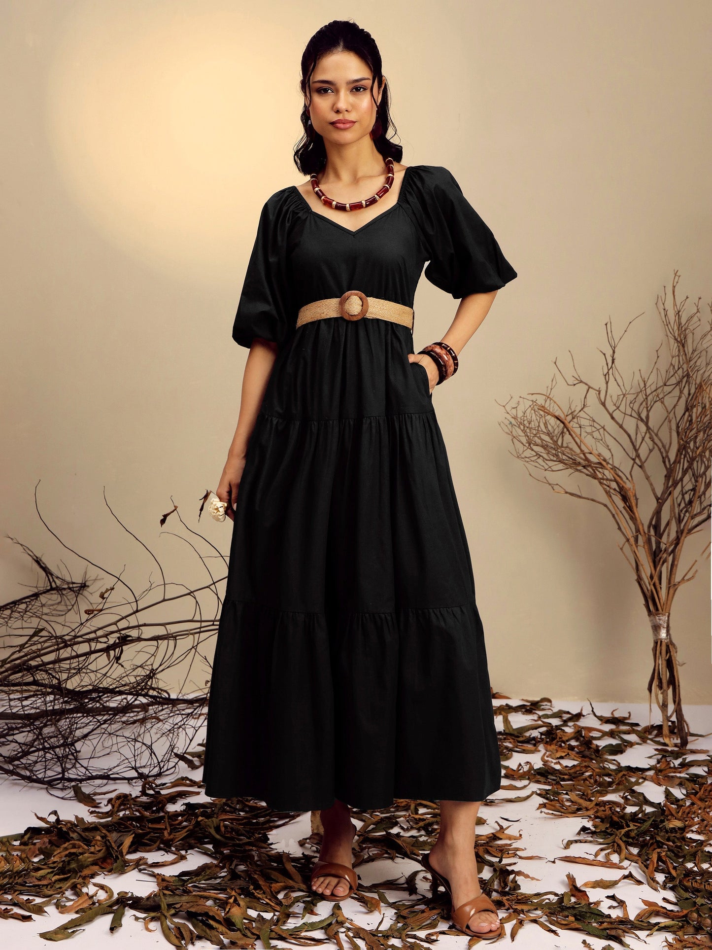 Women's Black Poplin Tiered Maxi Dress
