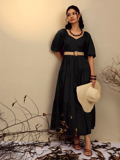 Women's Black Poplin Tiered Maxi Dress