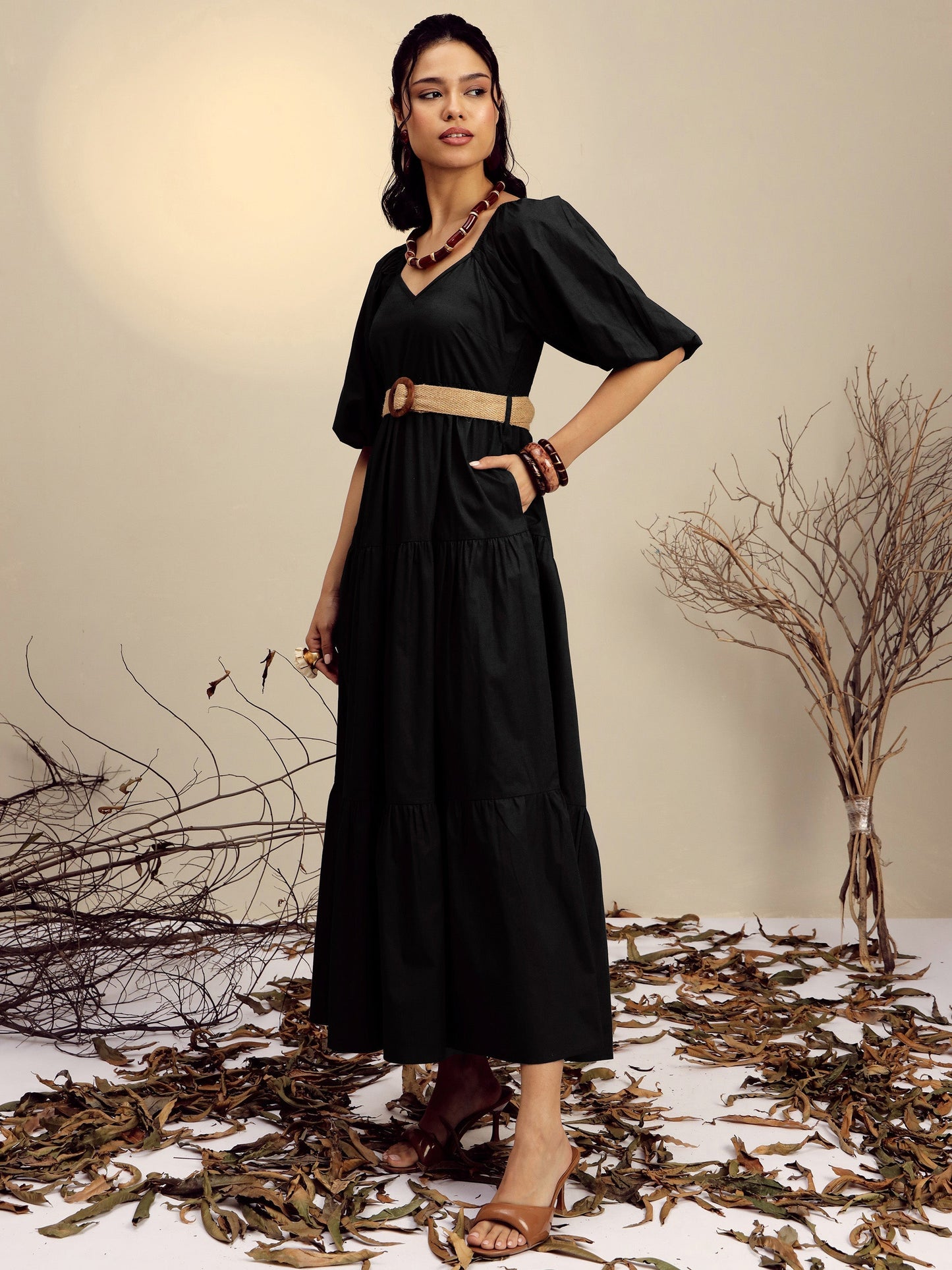 Women's Black Poplin Tiered Maxi Dress