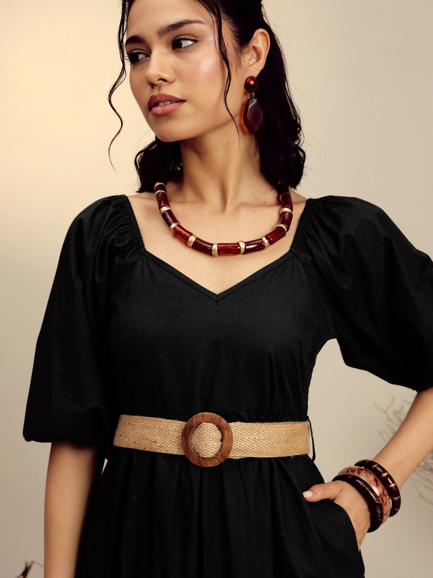 Women's Black Poplin Tiered Maxi Dress