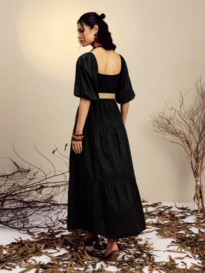 Women's Black Poplin Tiered Maxi Dress