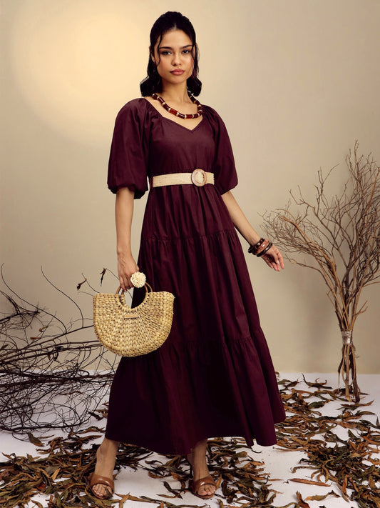 Women's Brown Poplin Tiered Maxi Dress