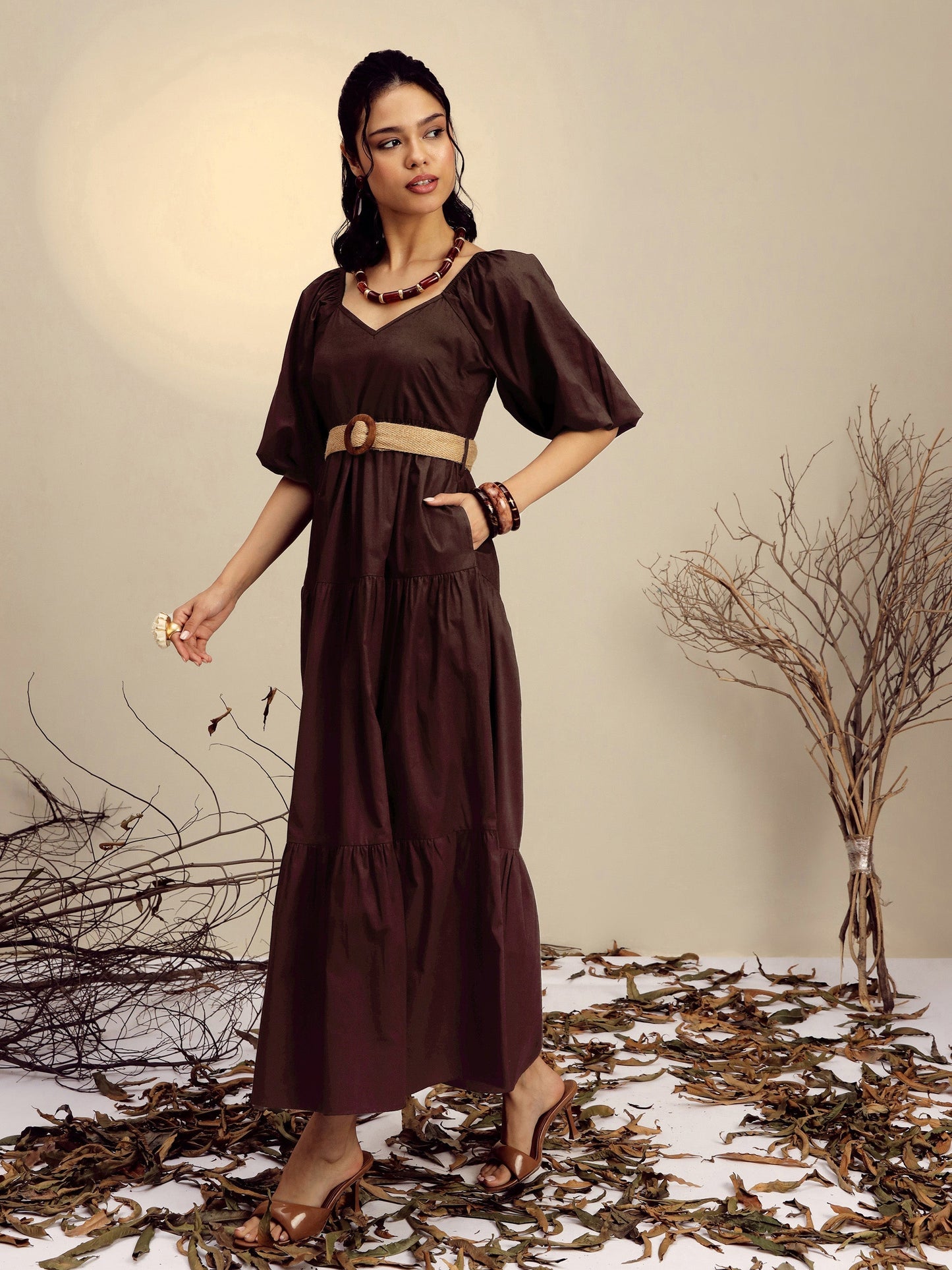 Women's Brown Poplin Tiered Maxi Dress