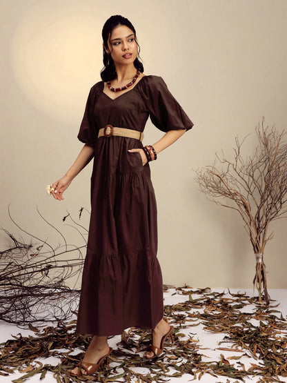 Women's Brown Poplin Tiered Maxi Dress