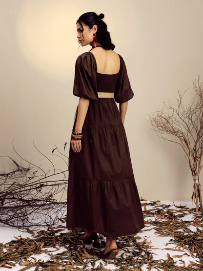 Women's Brown Poplin Tiered Maxi Dress