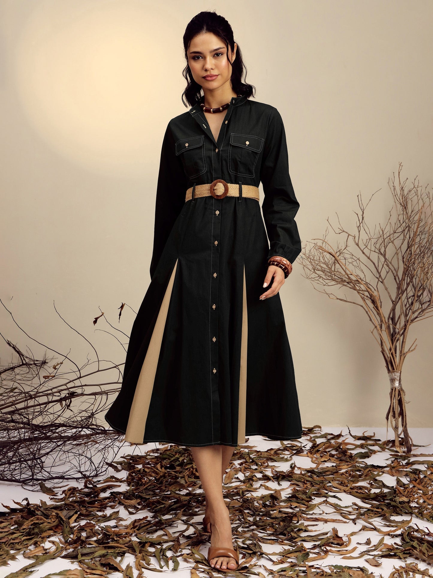 Women's Black Poplin Kick Pleat Midi Dress