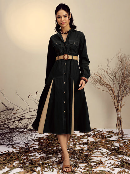 Women's Black Poplin Kick Pleat Midi Dress