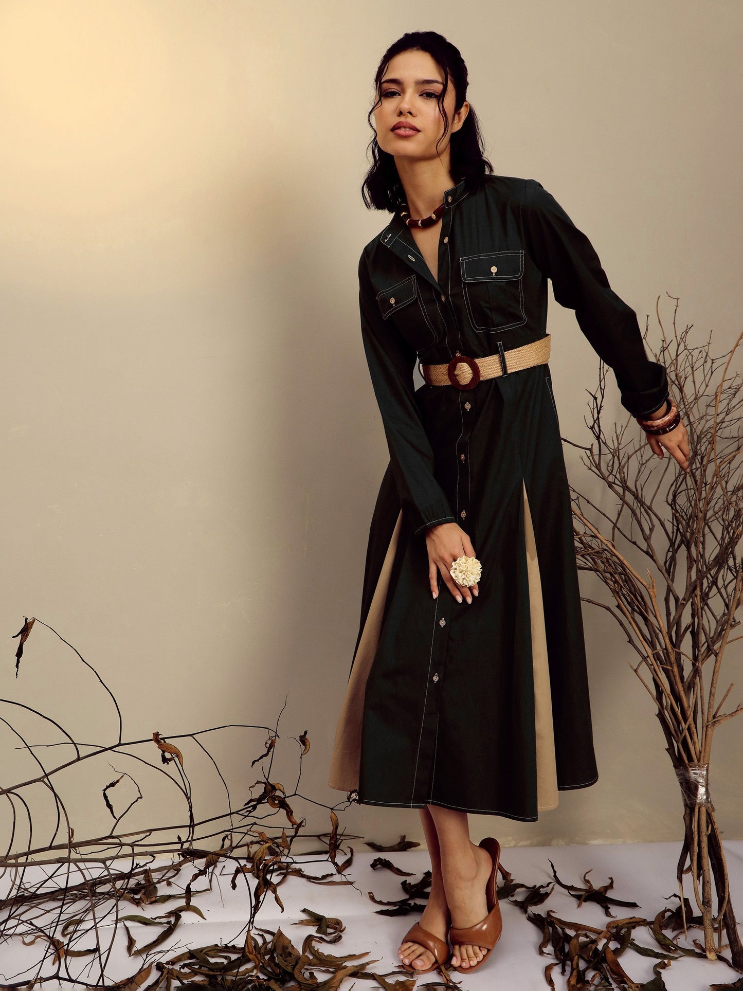 Women's Black Poplin Kick Pleat Midi Dress