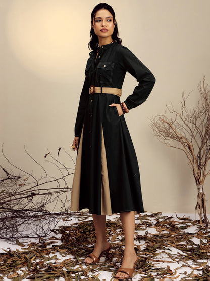 Women's Black Poplin Kick Pleat Midi Dress