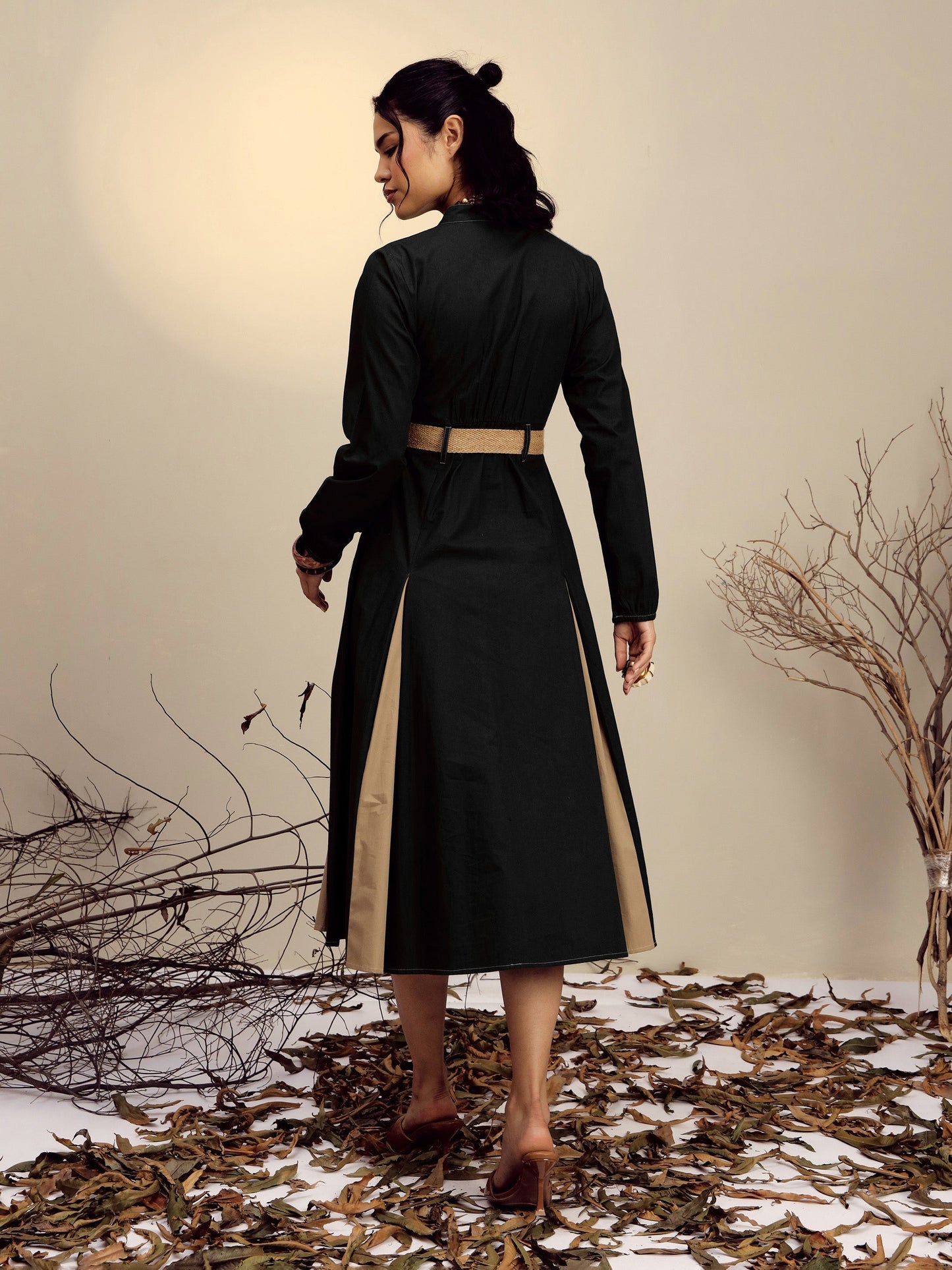 Women's Black Poplin Kick Pleat Midi Dress