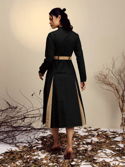 Women's Black Poplin Kick Pleat Midi Dress