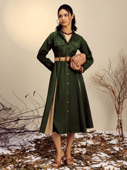 Women's Olive Poplin Kick Pleat Midi Dress