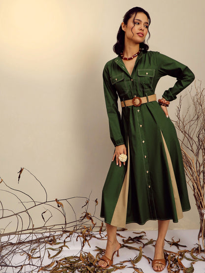 Women's Olive Poplin Kick Pleat Midi Dress