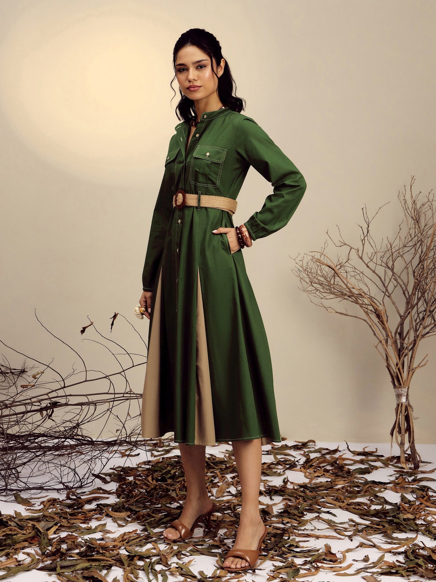 Women's Olive Poplin Kick Pleat Midi Dress