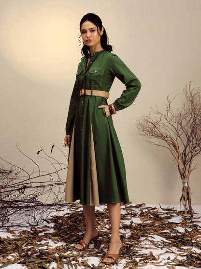 Women's Olive Poplin Kick Pleat Midi Dress