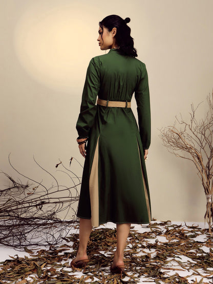 Women's Olive Poplin Kick Pleat Midi Dress