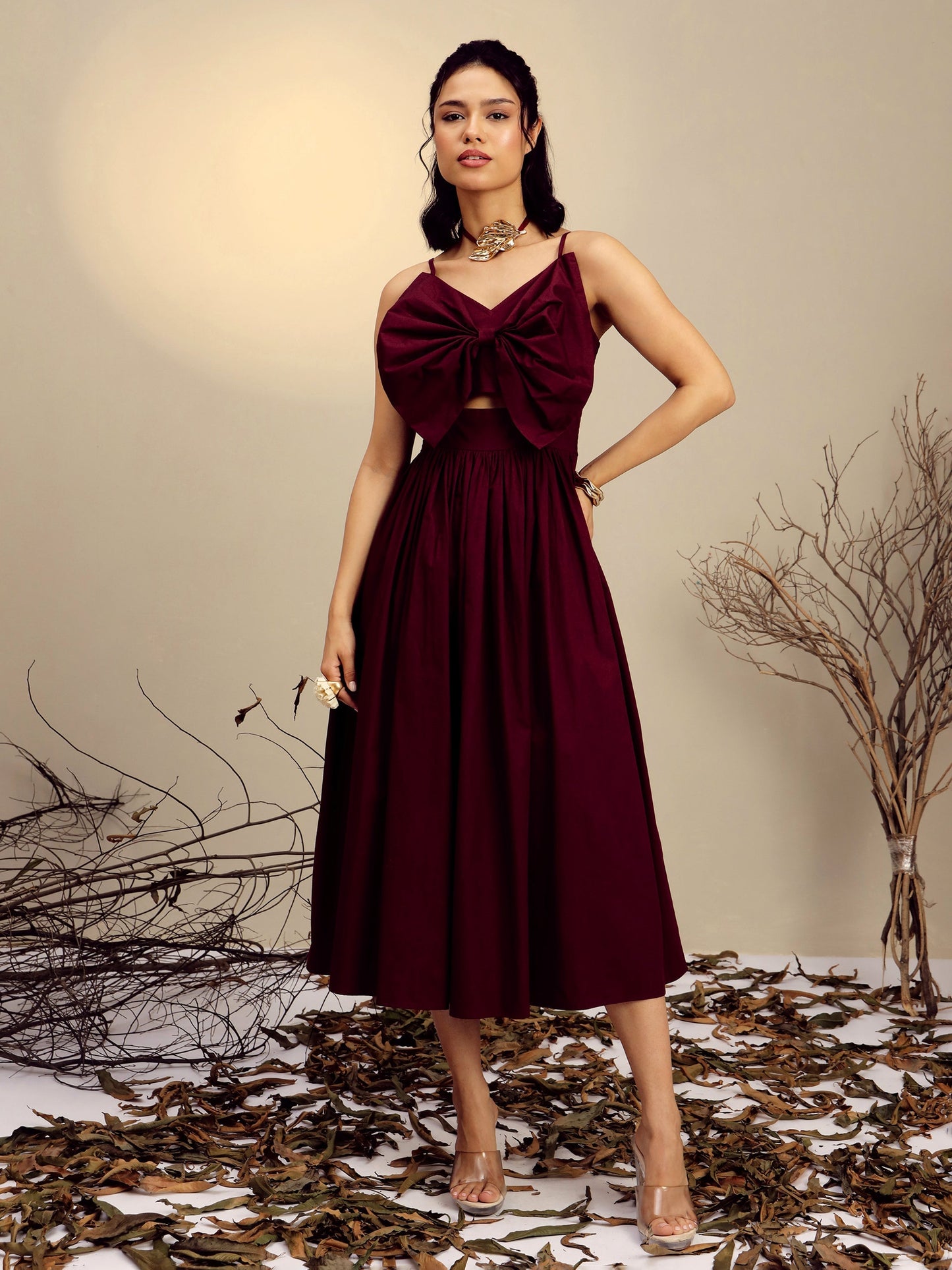 Women's Maroon Poplin Front Bow Strappy Midi Dress