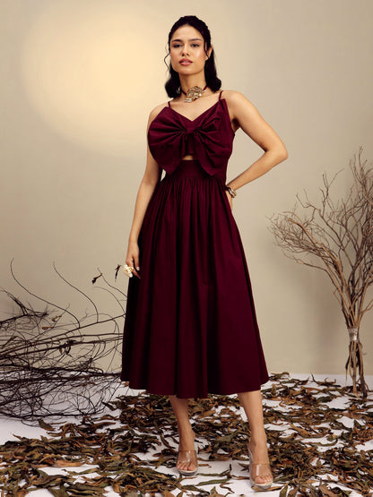 Women's Maroon Poplin Front Bow Strappy Midi Dress