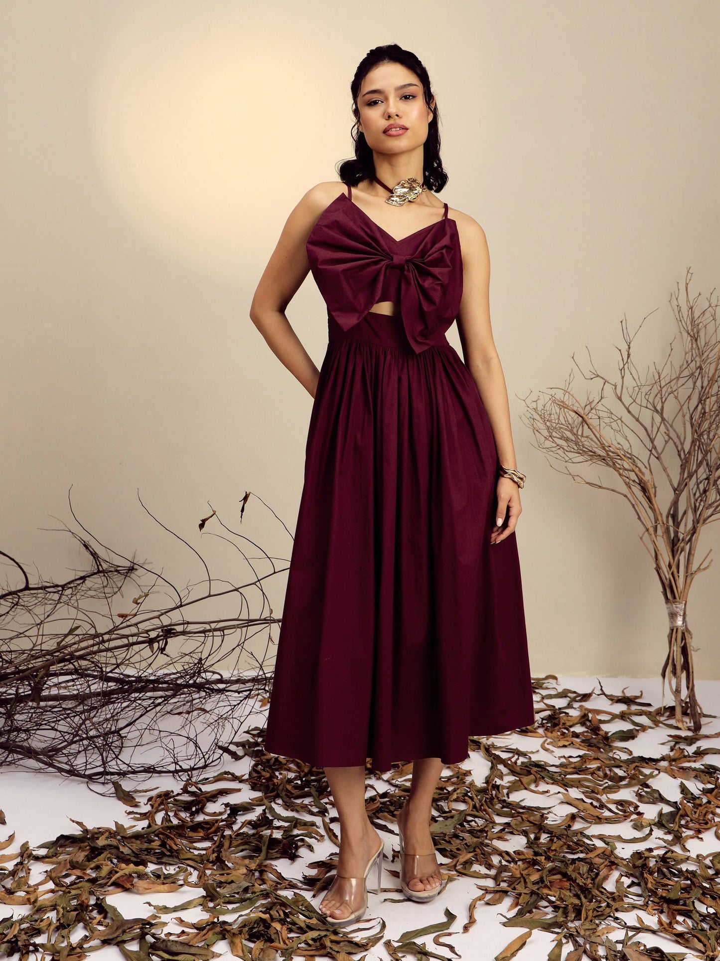 Women's Maroon Poplin Front Bow Strappy Midi Dress