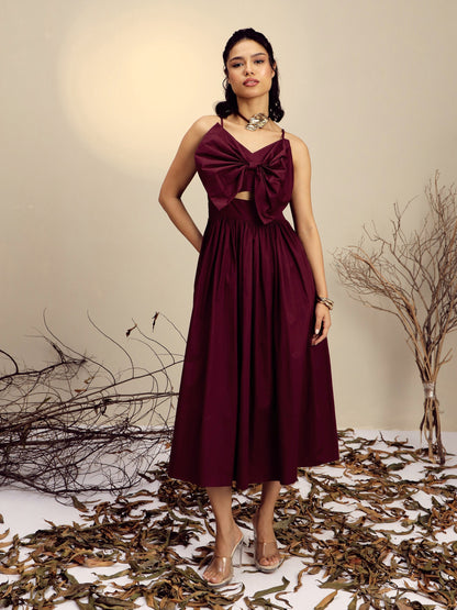 Women's Maroon Poplin Front Bow Strappy Midi Dress