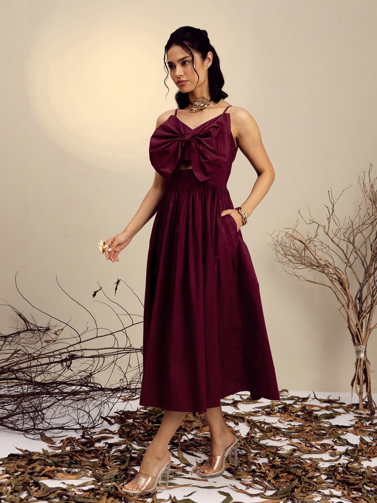Women's Maroon Poplin Front Bow Strappy Midi Dress