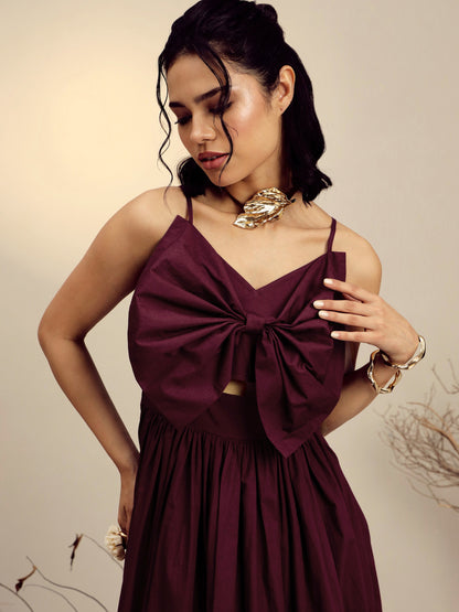 Women's Maroon Poplin Front Bow Strappy Midi Dress