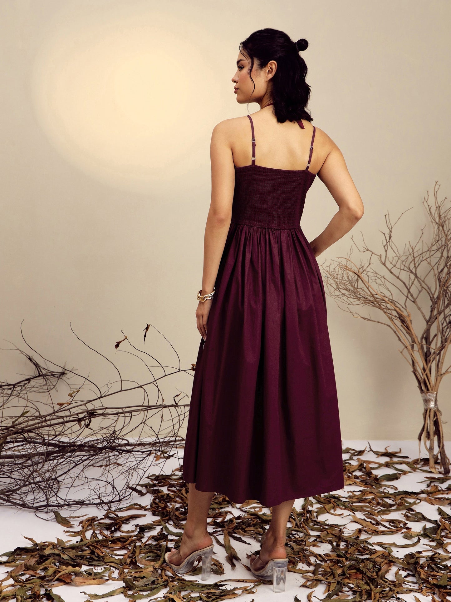 Women's Maroon Poplin Front Bow Strappy Midi Dress