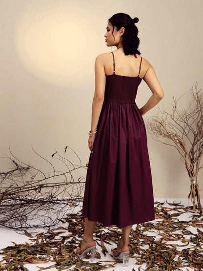 Women's Maroon Poplin Front Bow Strappy Midi Dress