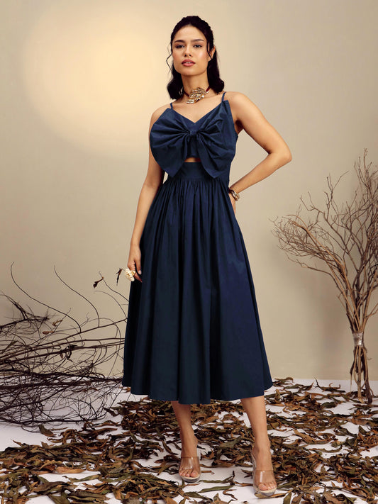 Women's Navy Poplin Front Bow Strappy Midi Dress
