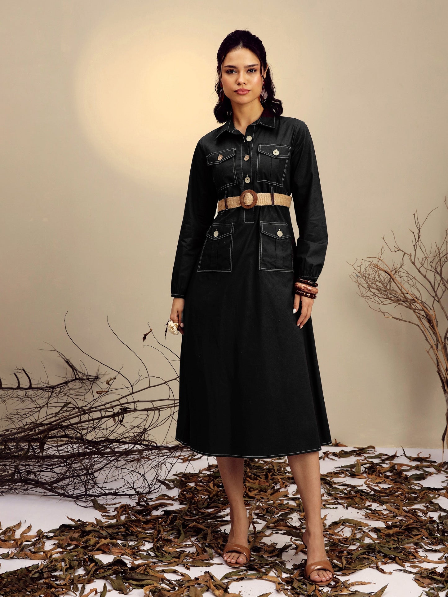 Women's Black Poplin Front Open Midi Dress