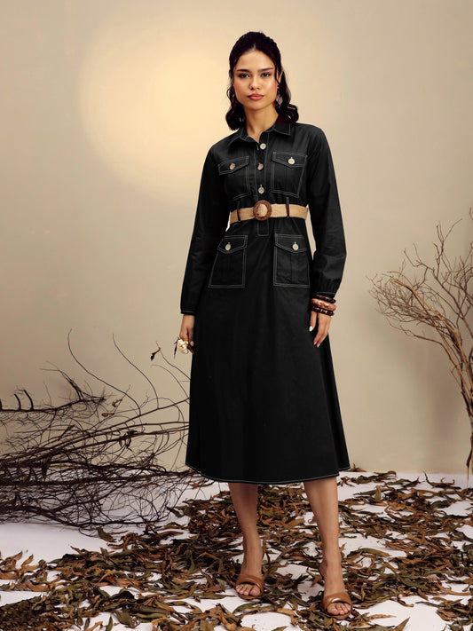 Women's Black Poplin Front Open Midi Dress