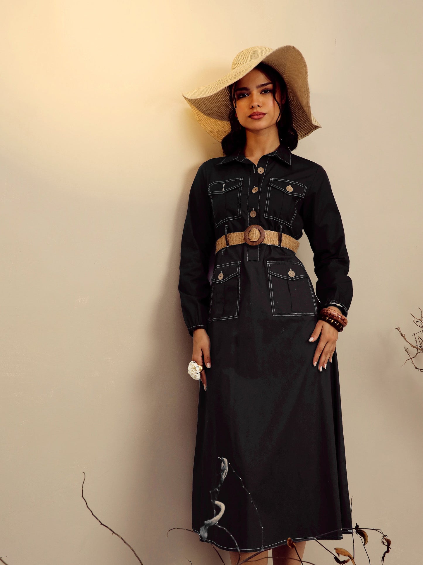 Women's Black Poplin Front Open Midi Dress