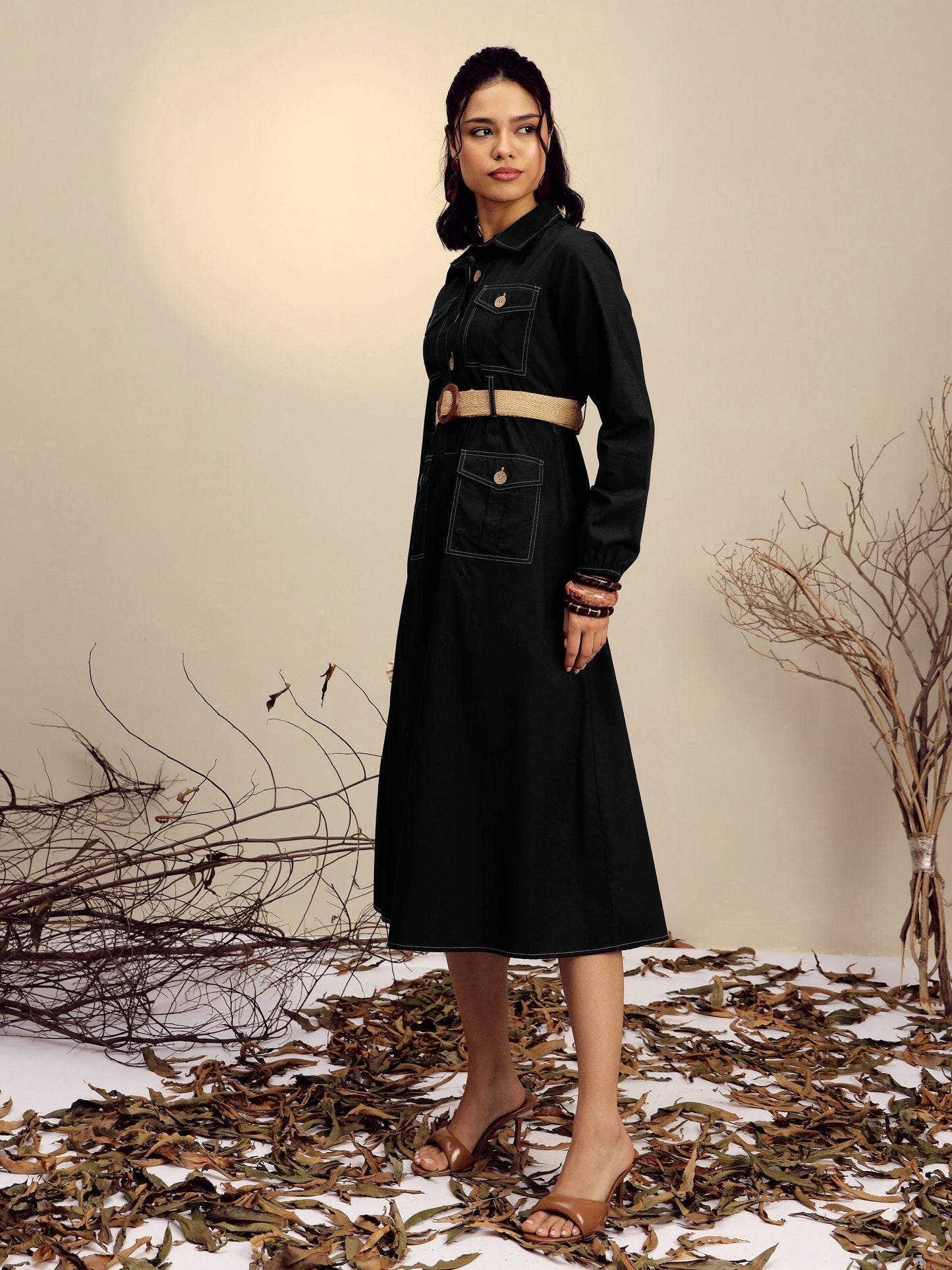 Women's Black Poplin Front Open Midi Dress