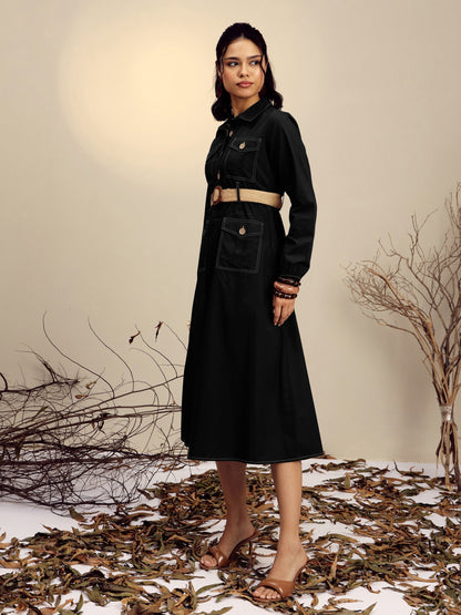 Women's Black Poplin Front Open Midi Dress