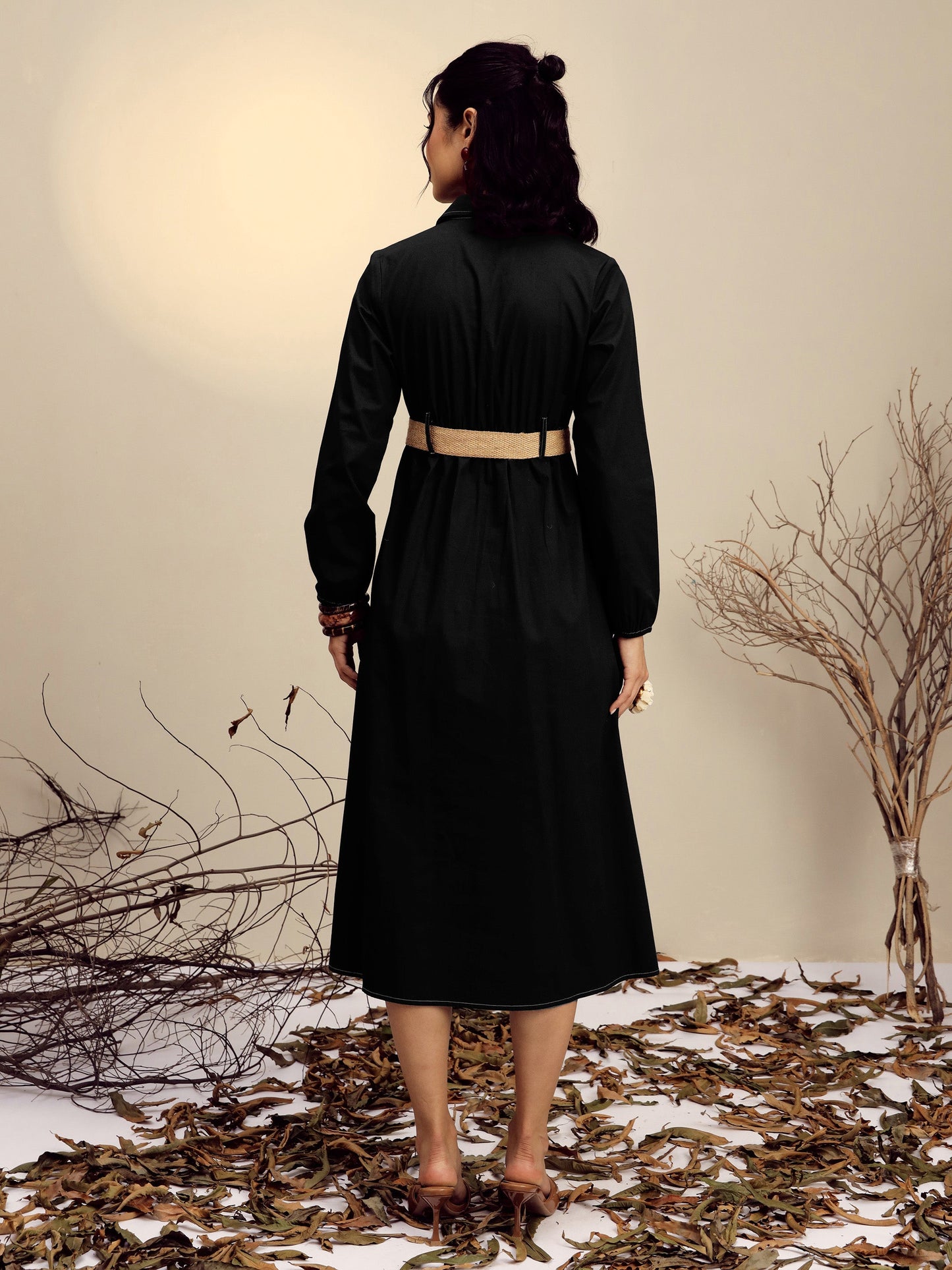 Women's Black Poplin Front Open Midi Dress