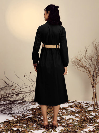 Women's Black Poplin Front Open Midi Dress