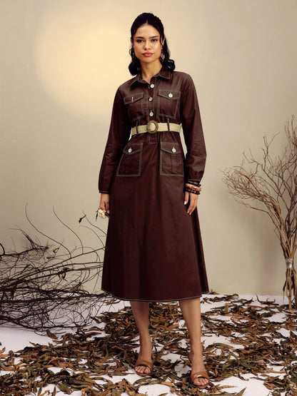 Women's Brown Poplin Front Open Midi Dress