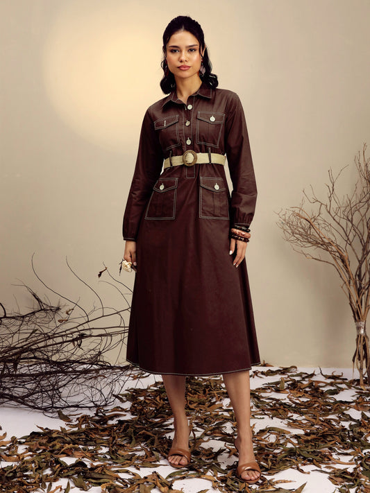 Women's Brown Poplin Front Open Midi Dress