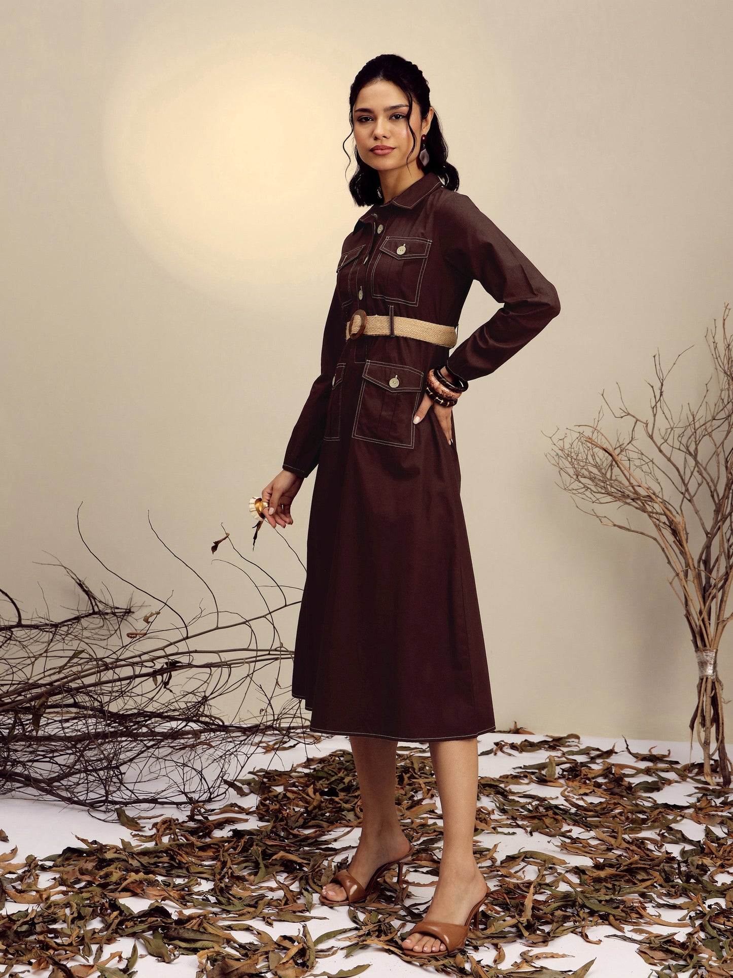 Women's Brown Poplin Front Open Midi Dress