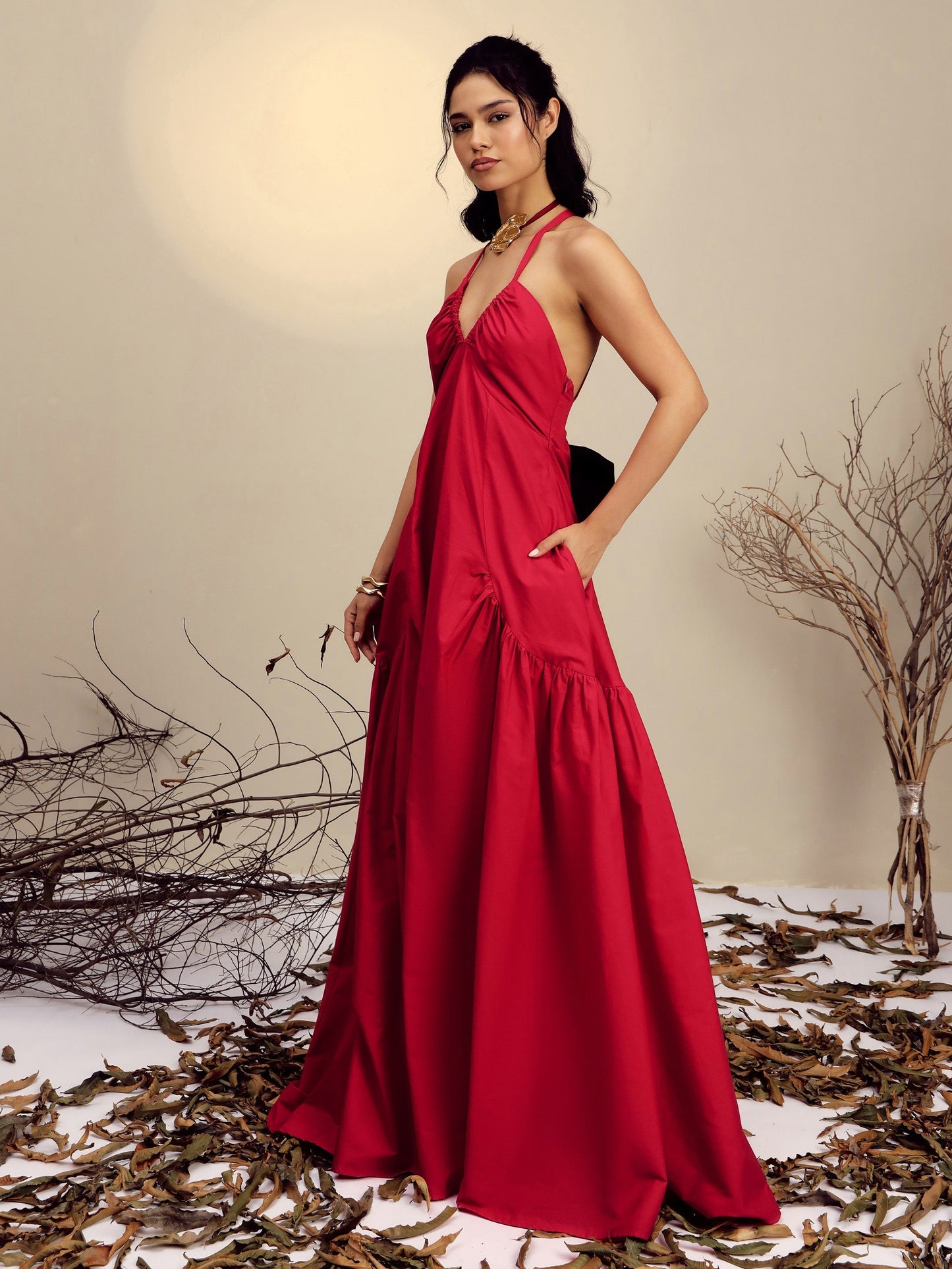 Women's Red Poplin Back Bow Strappy Maxi Dress